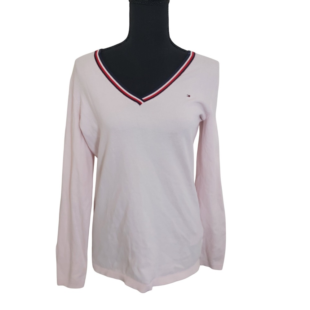 Tommy Hilfiger V-Neck Sweater Pink Long Sleeve Medium Pickleball Tennis‎ Preppy